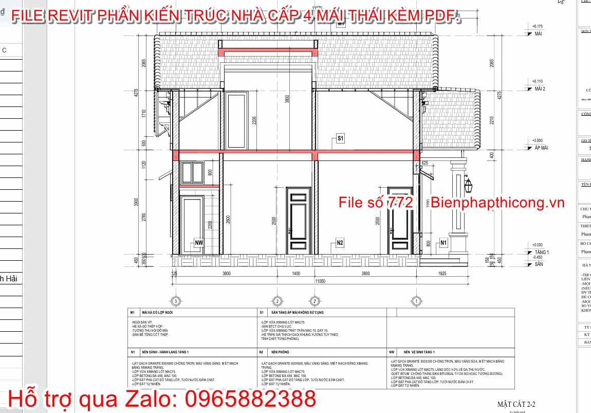 Bản vẽ mặt cắt file revit nhà cấp 4 mái thái đẹp.