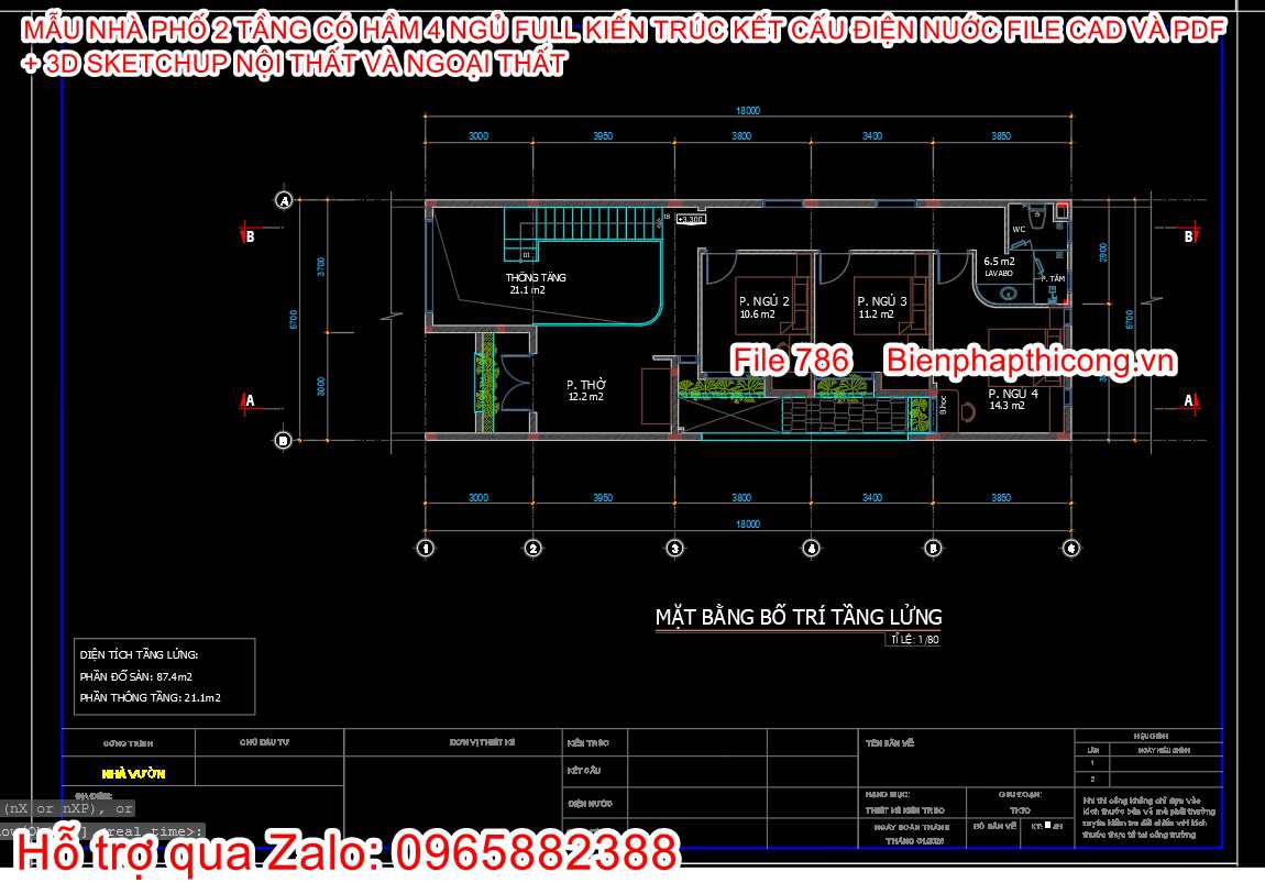 Bản vẽ nhà 2 tầng nhà phố cad 6,7m x 22,5m.