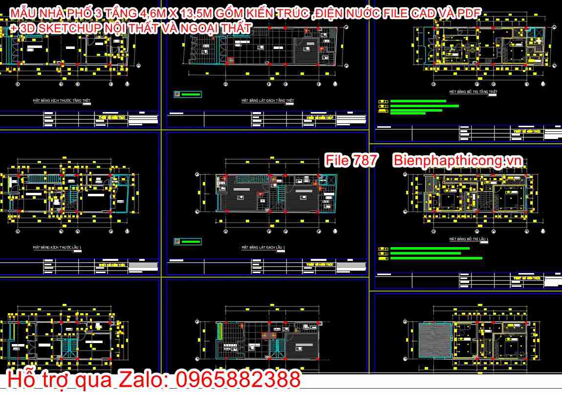 File cad thiết kế nhà phố 3 tầng hiện đại 4,6m x 13,5m.