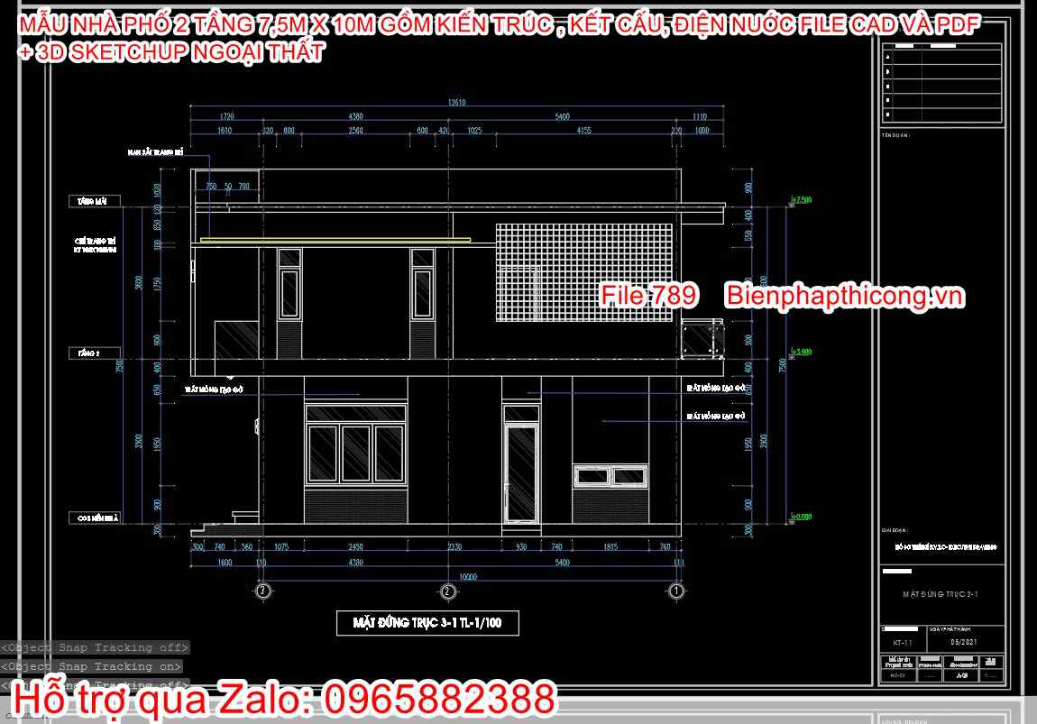 Tải bản vẽ cad mặt đứng nhà phố 2 tầng.