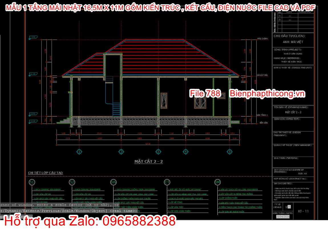 Bản vẽ cad nhà cấp 4 mái nhật 16,5m x 11m.