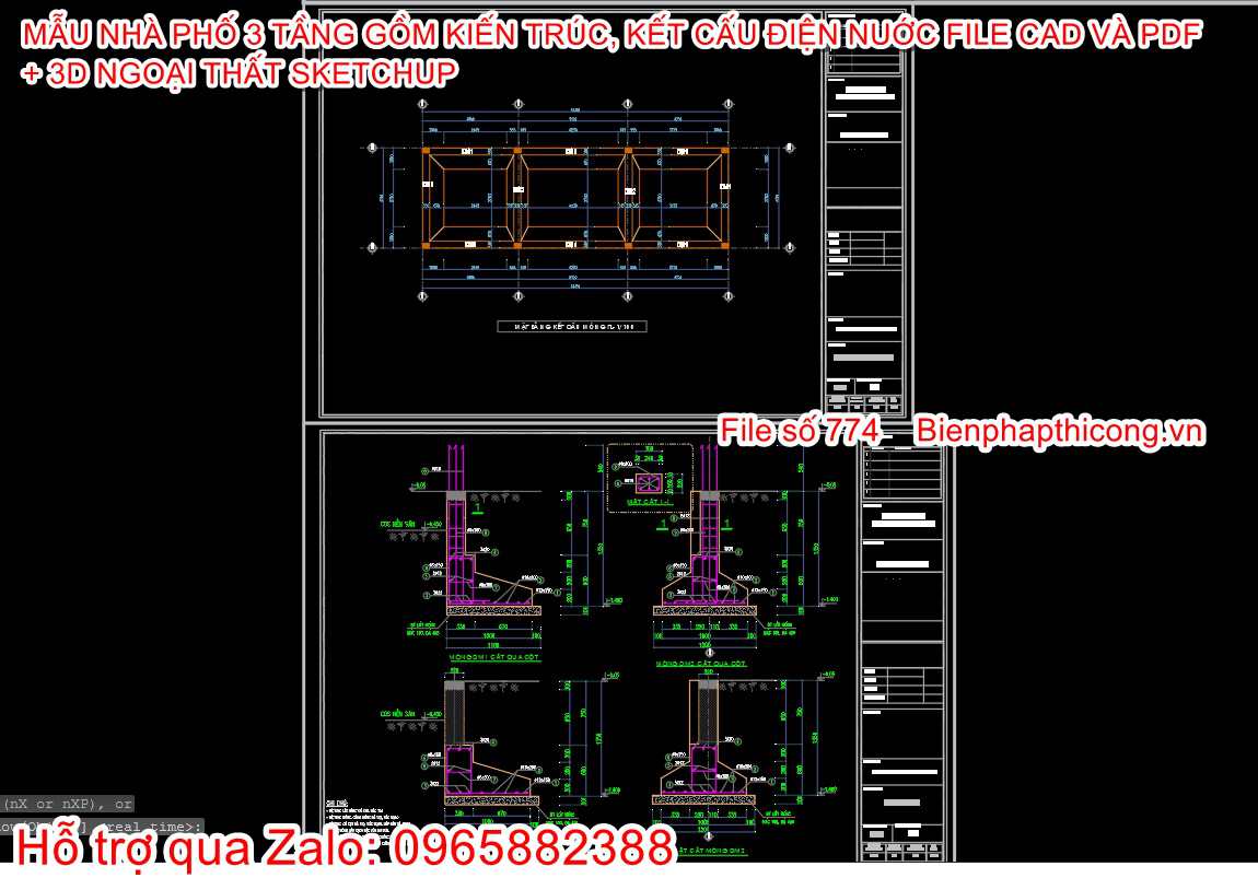 Bản vẽ kết cấu móng nhà phố 3 tầng cad 4,7m x 14,3m.