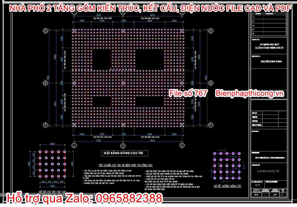Bản vẽ thiết kế móng dùng cọc tre cad đẹp.