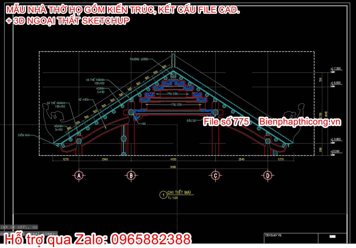 Chi tiết mái nhà thờ họ 5 gian.