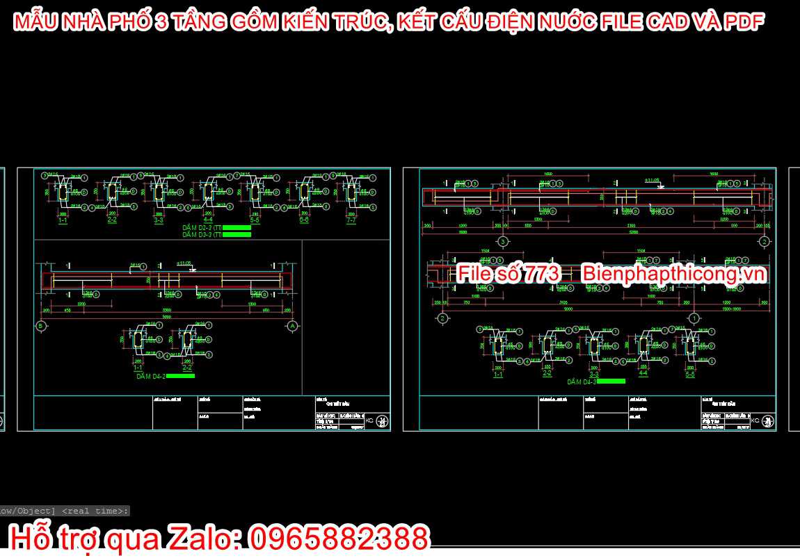 File dwg kết cấu nhà ống 3 tầng đẹp.
