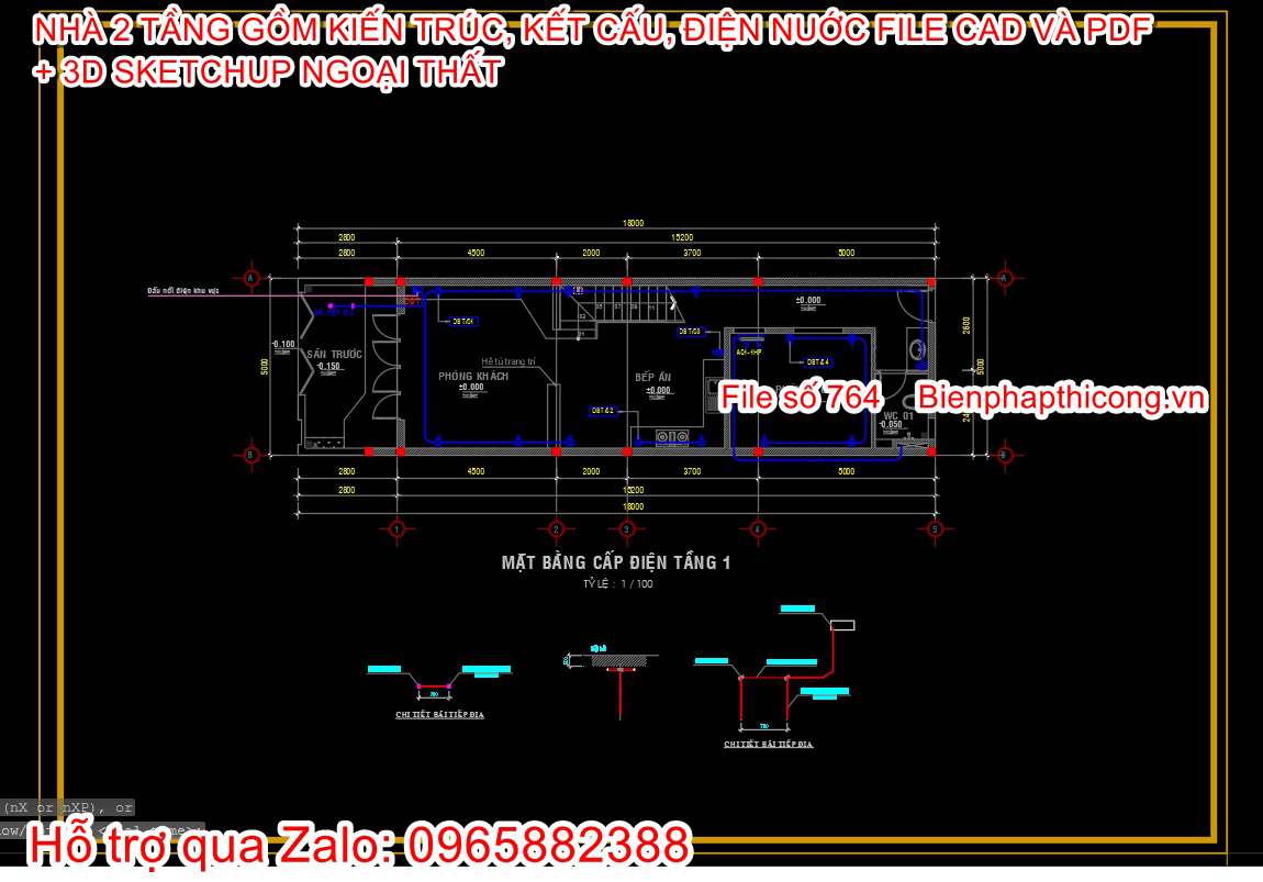 Mặt bằng cấp điện tầng 1 nhà 2 tầng 5m x 18m cad.