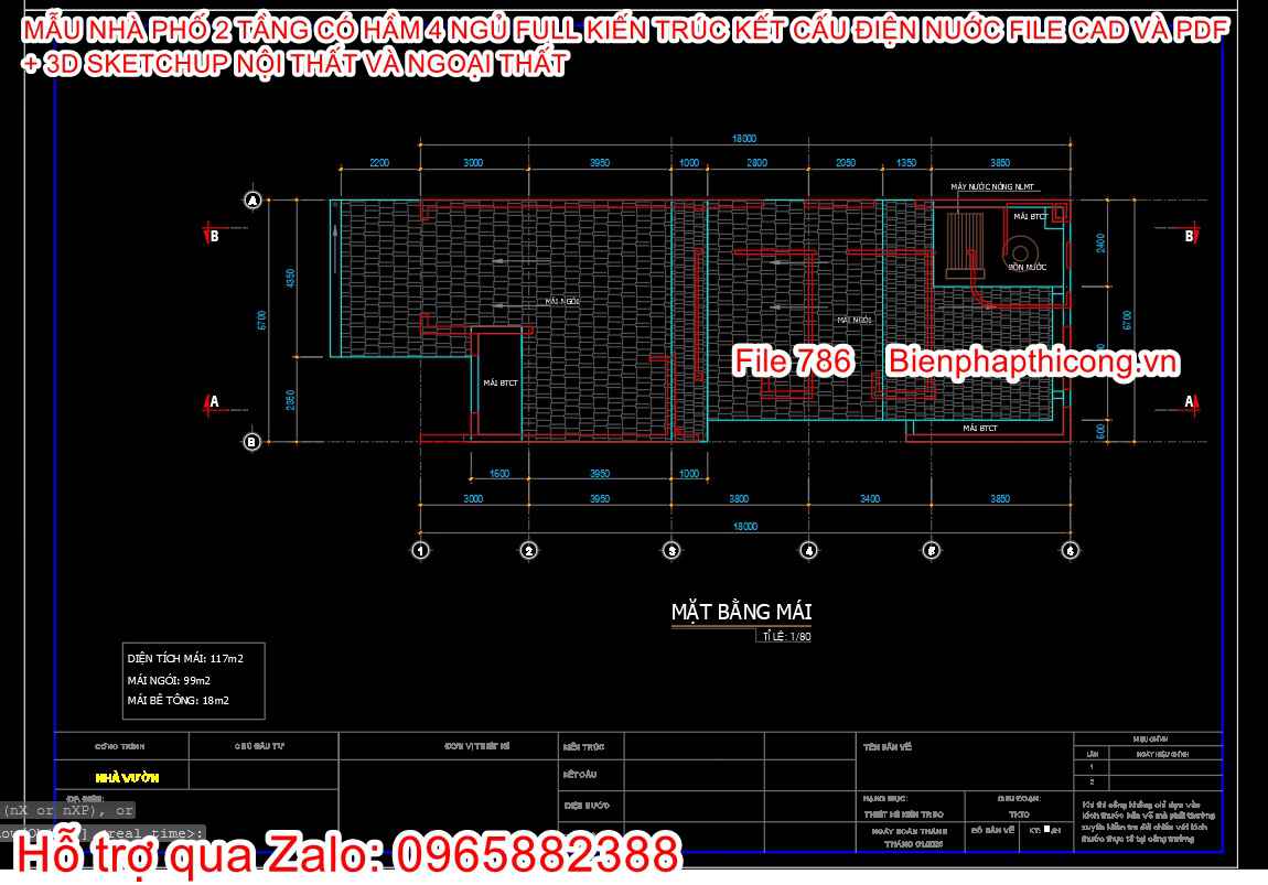 Mặt bằng mái nhà phố 2 tầng cad 6,7m x 22,5m.