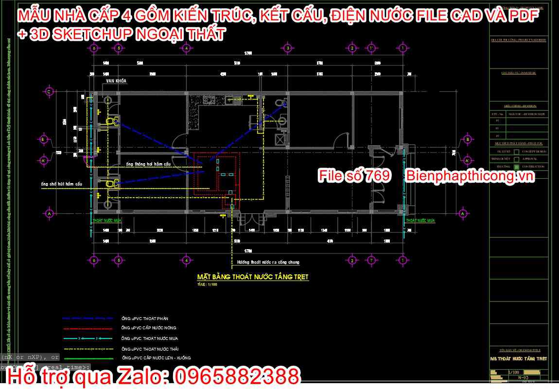 Tải bản vẽ cad nhà cấp 4 mái thái 7m x 17,7m.