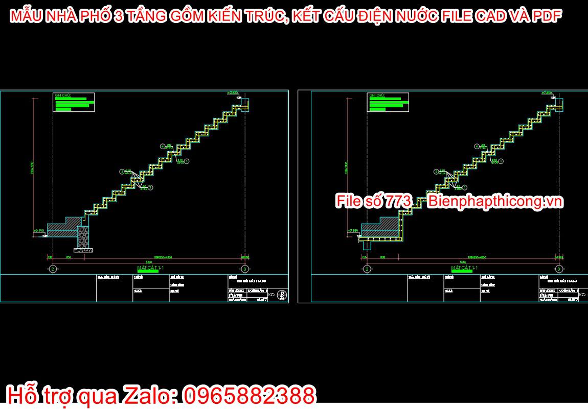 Bản vẽ kết cấu thang nhà ống 3 tầng đẹp.