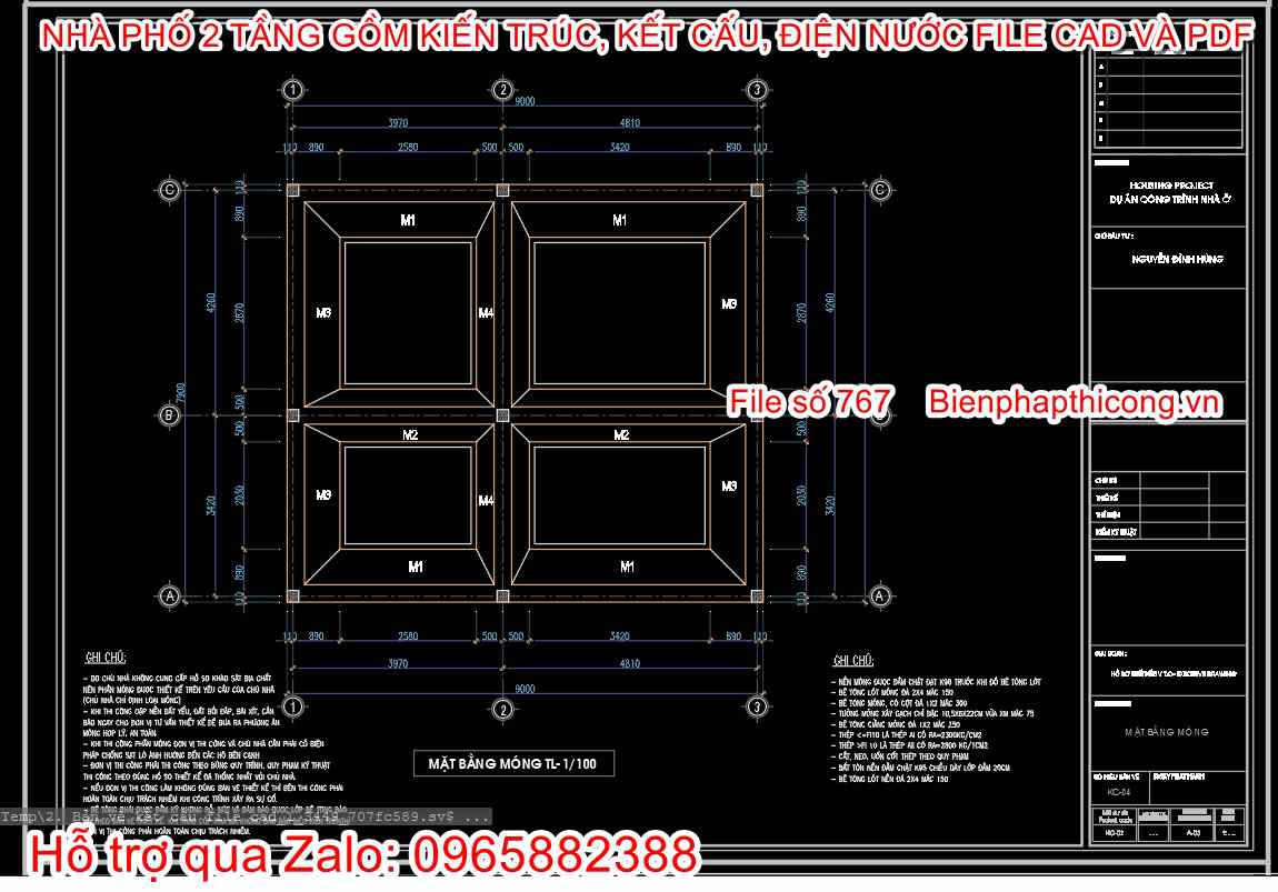 Bản vẽ mặt bằng móng nhà phố 2 tầng 8m x 9m.