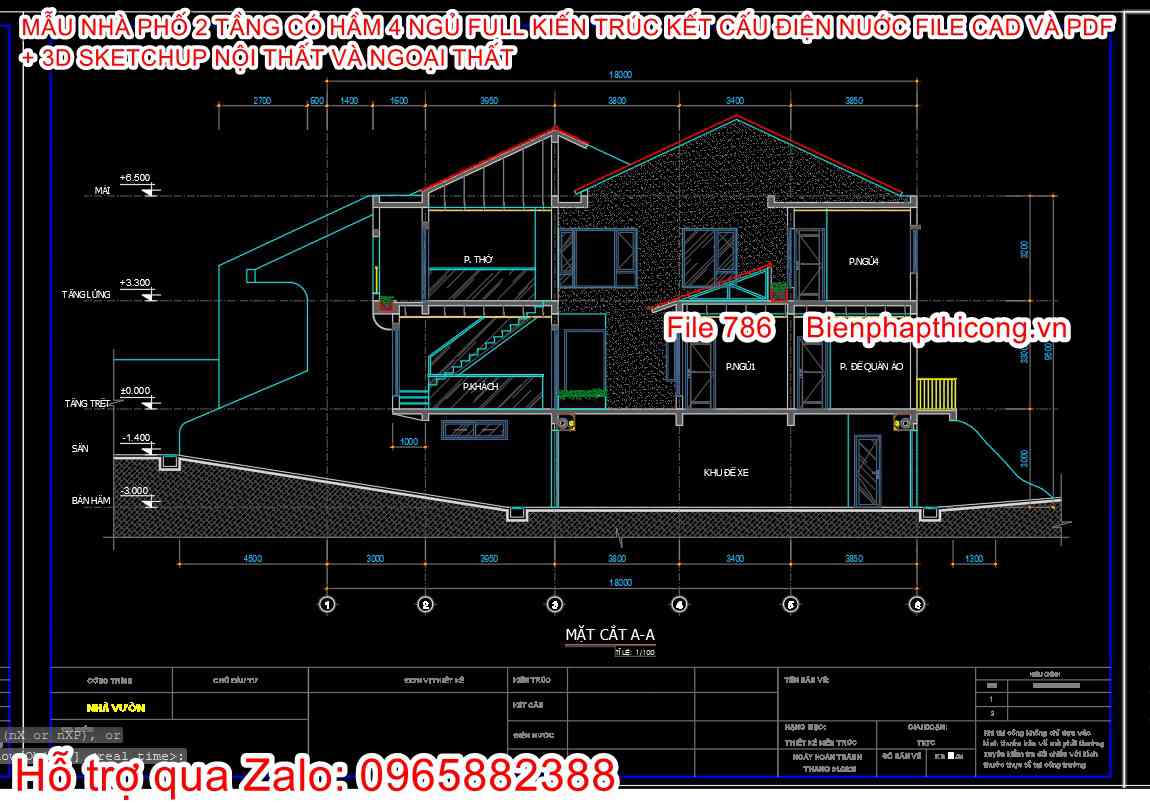 Bản vẽ mặt cắt nhà phố 2 tầng cad đẹp 6,7m x 22,5m.