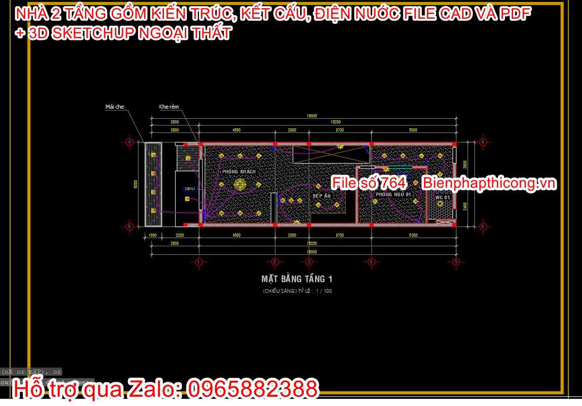 File thiết kế điện chiếu sáng nhà 1 trệt 1 lầu 5m x 18m.