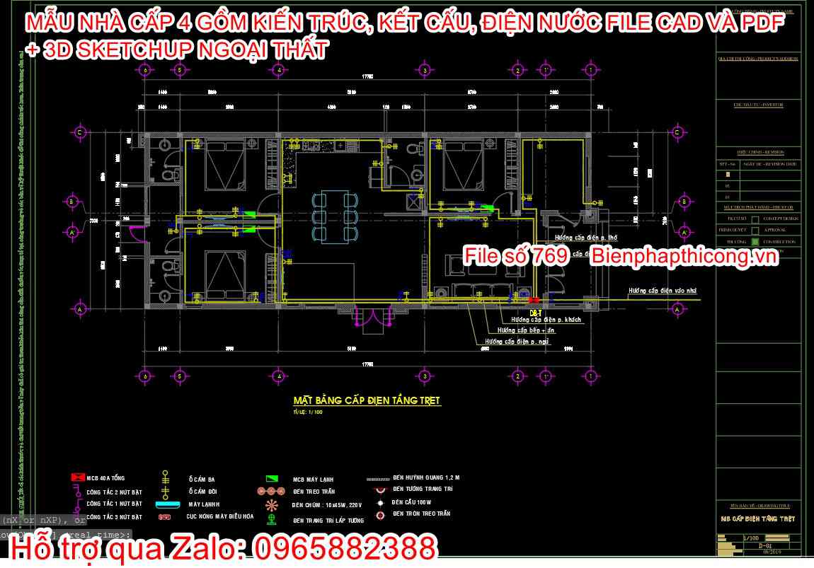 Full bản vẽ cad nhà cấp 4 điện nước 7m x 17,7m.