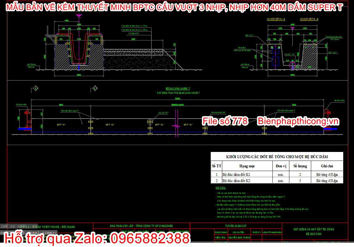 Bản vẽ biện pháp mặt đứng mặt cắt bệ đỡ dầm super T.