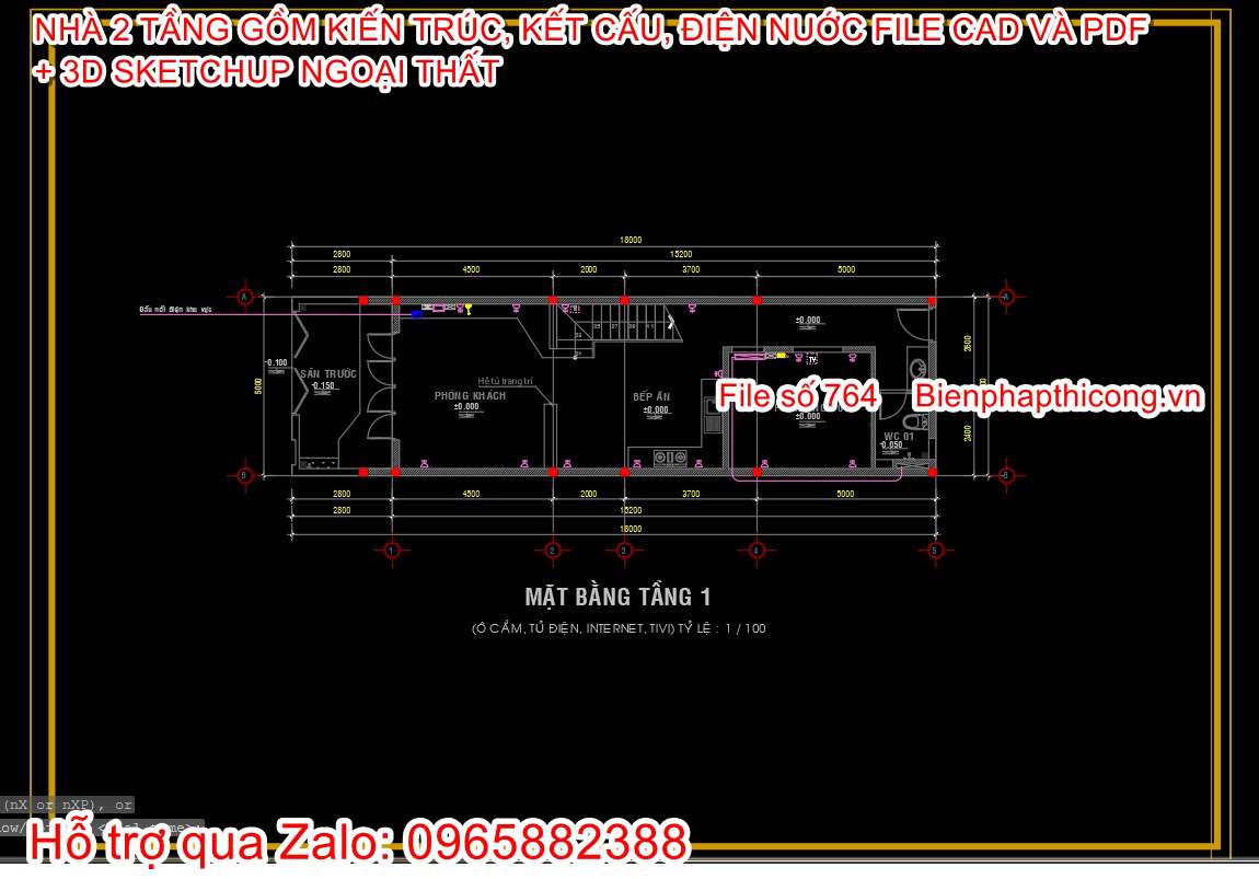 Bản vẽ cad mặt bằng ổ điện nhà 2 tầng 5m x 18m.