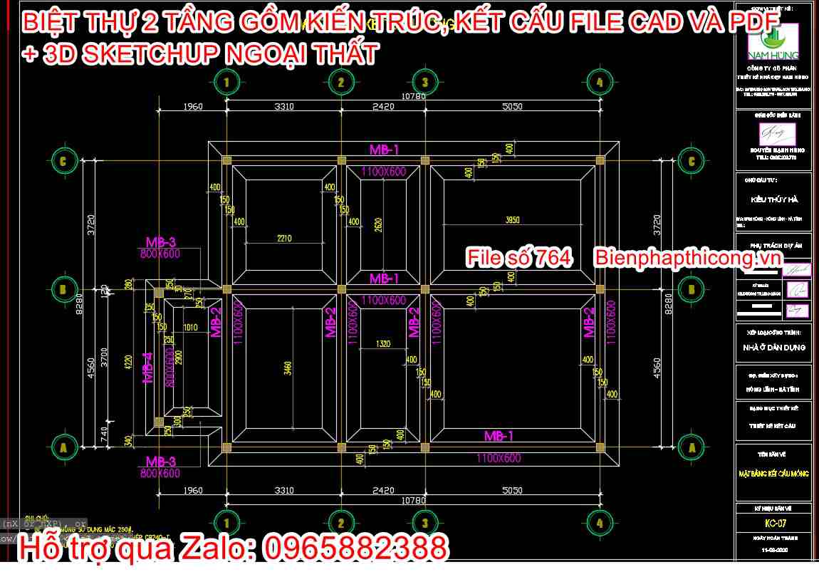 Bản vẽ kết cấu móng băng nhà mái nhật tân cổ 8,5m x 11m.