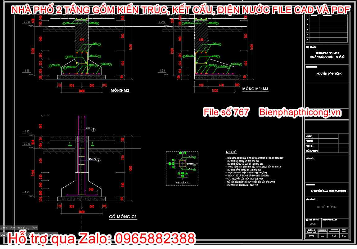Thiết kế chi tiết móng nhà phố 2 tầng 8m x 9m 3 ngủ.
