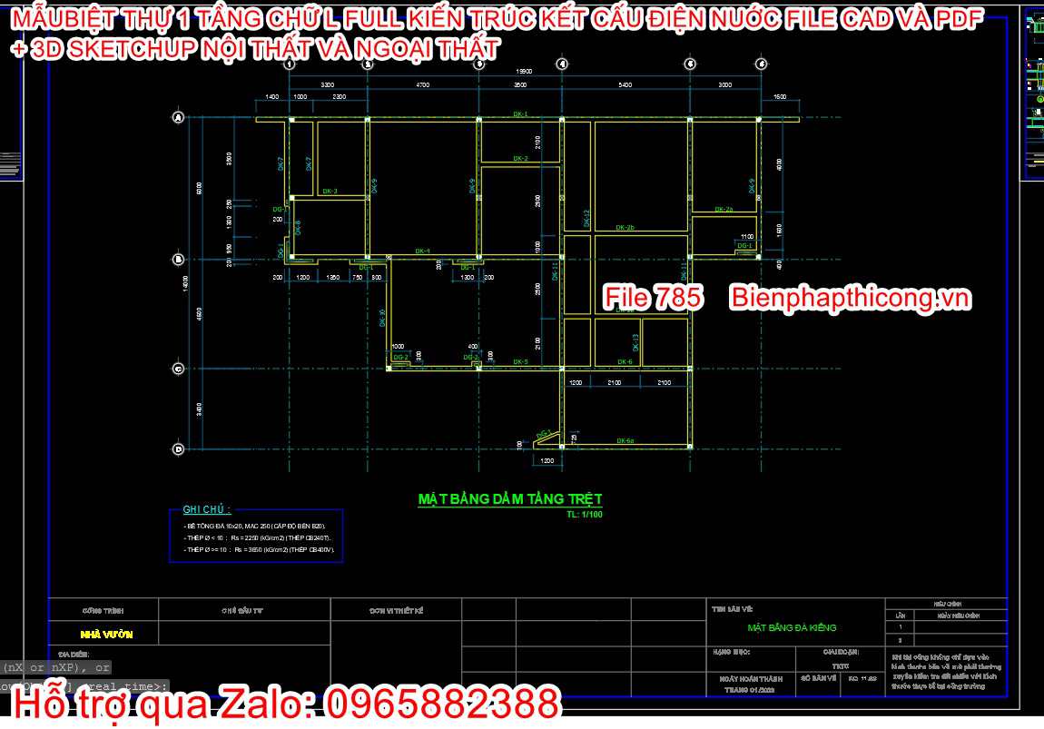 Bản vẽ kết cấu dầm sàn biệt thự 1 tầng 3 ngủ.
