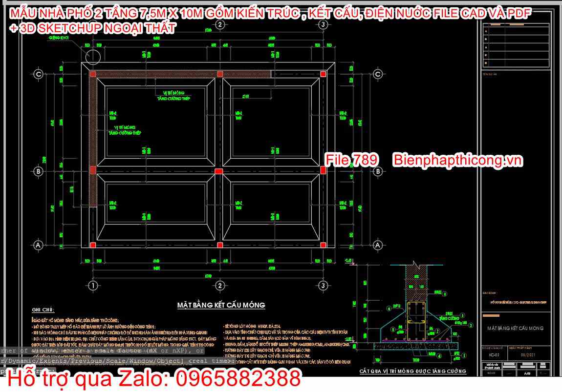 Bản vẽ kết cấu móng nhà phố 2 tầng 7,5m x 10m.