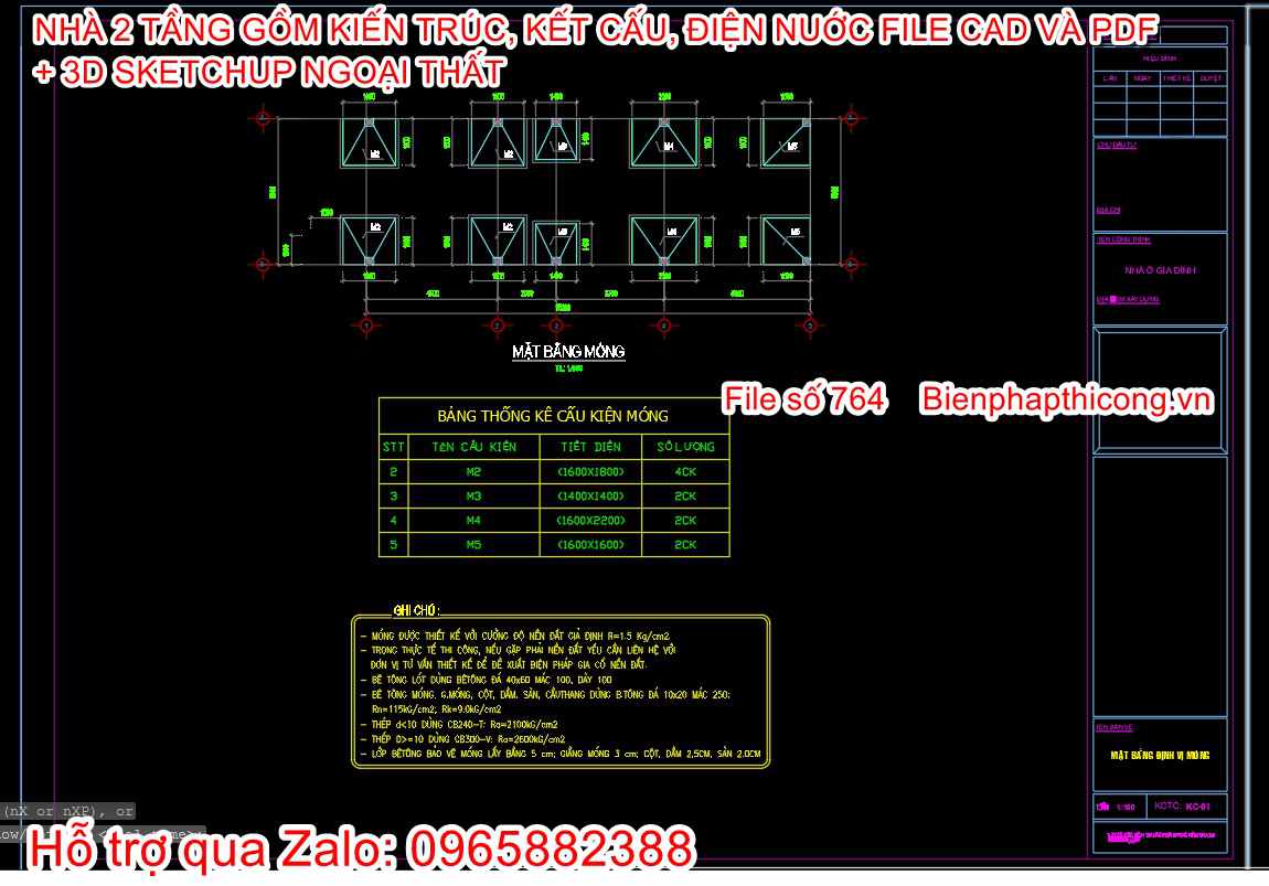 Bản vẽ thiết kế móng nhà 1 trệt 1 lầu 5m x 18m.