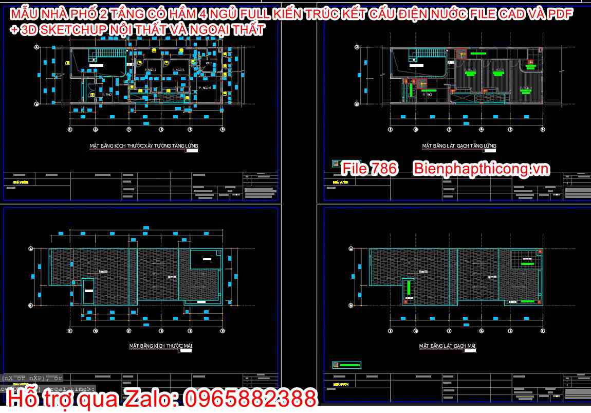 File autocad nhà phố 2 tầng có hầm 6,7m x 22,5m 4 ngủ.