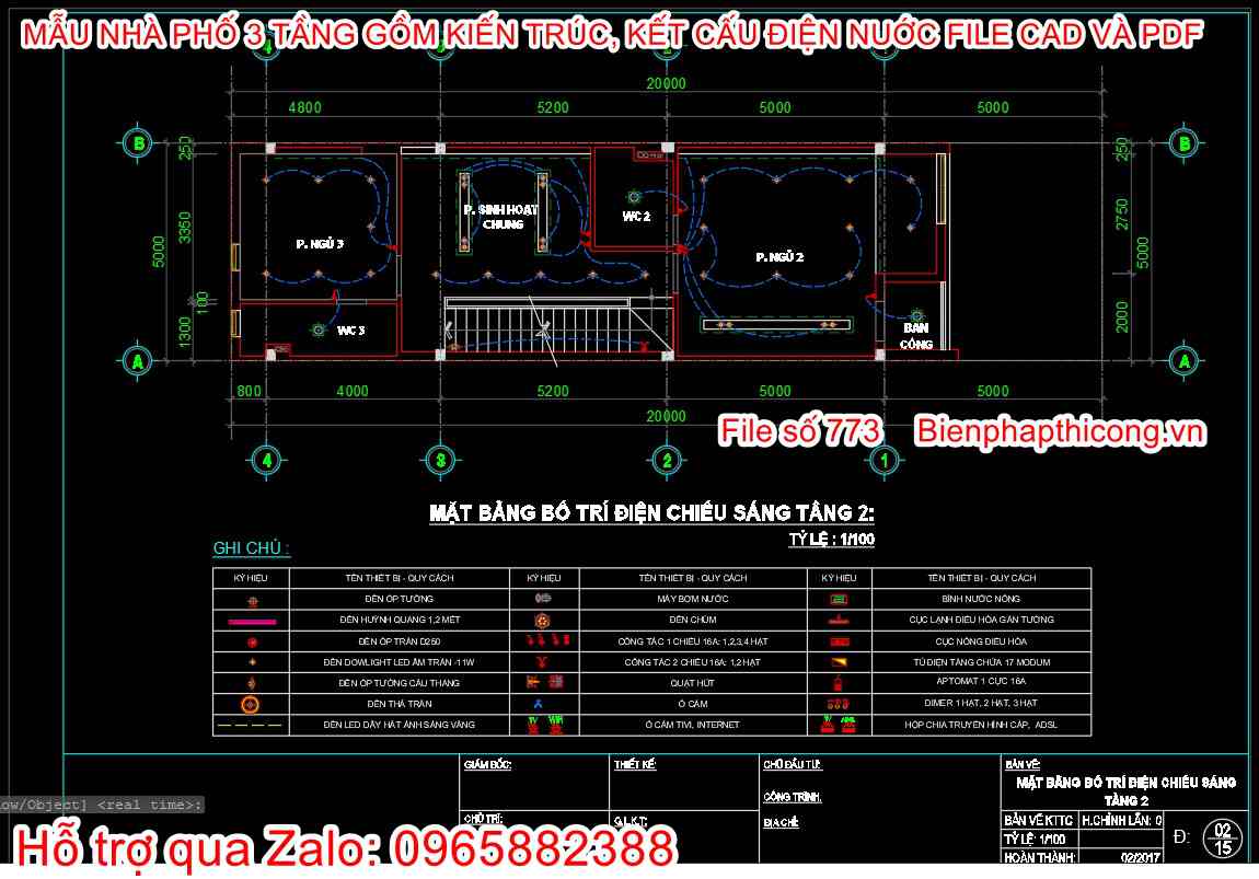Tải bản vẽ cad điện nhà phố 3 tầng 5m x 15m.