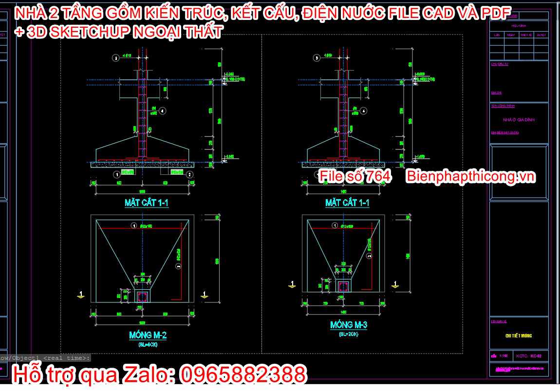Bản vẽ chi tiết móng cốc nhà 2 tầng 5m x 18m.