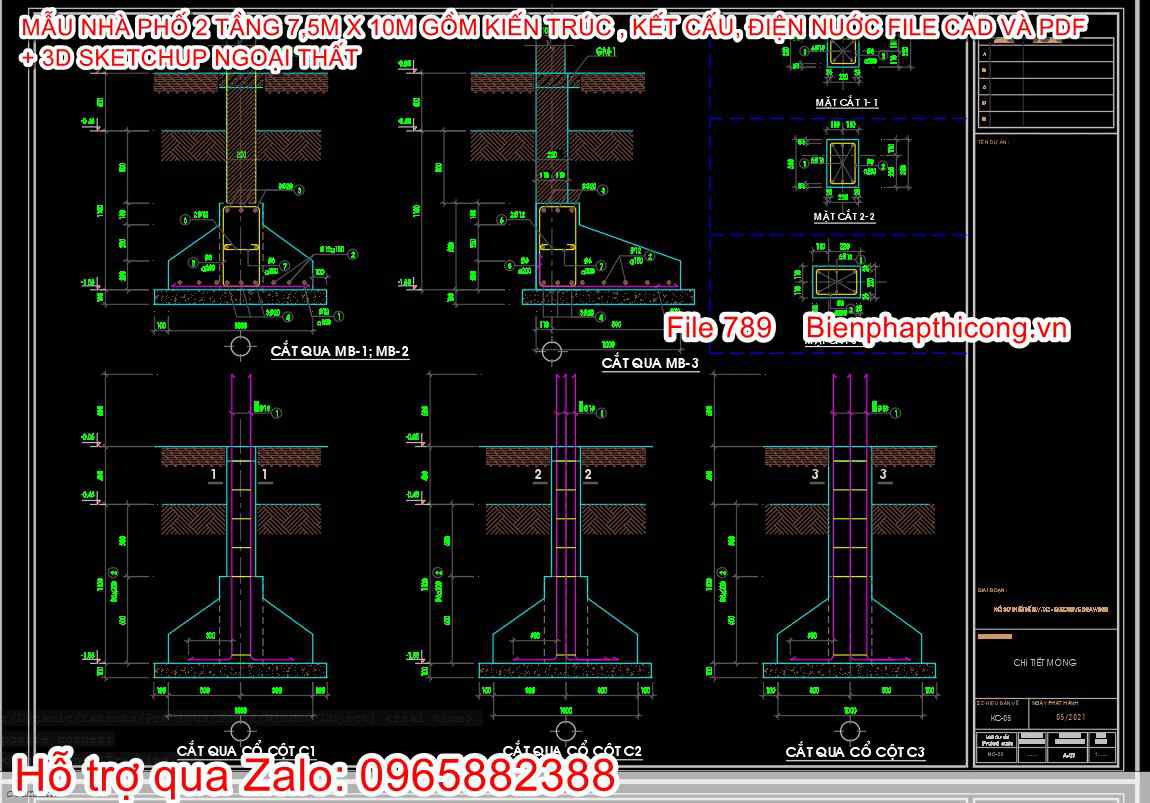 Bản vẽ chi tiết móng nhà phố 2 tầng cad đẹp.