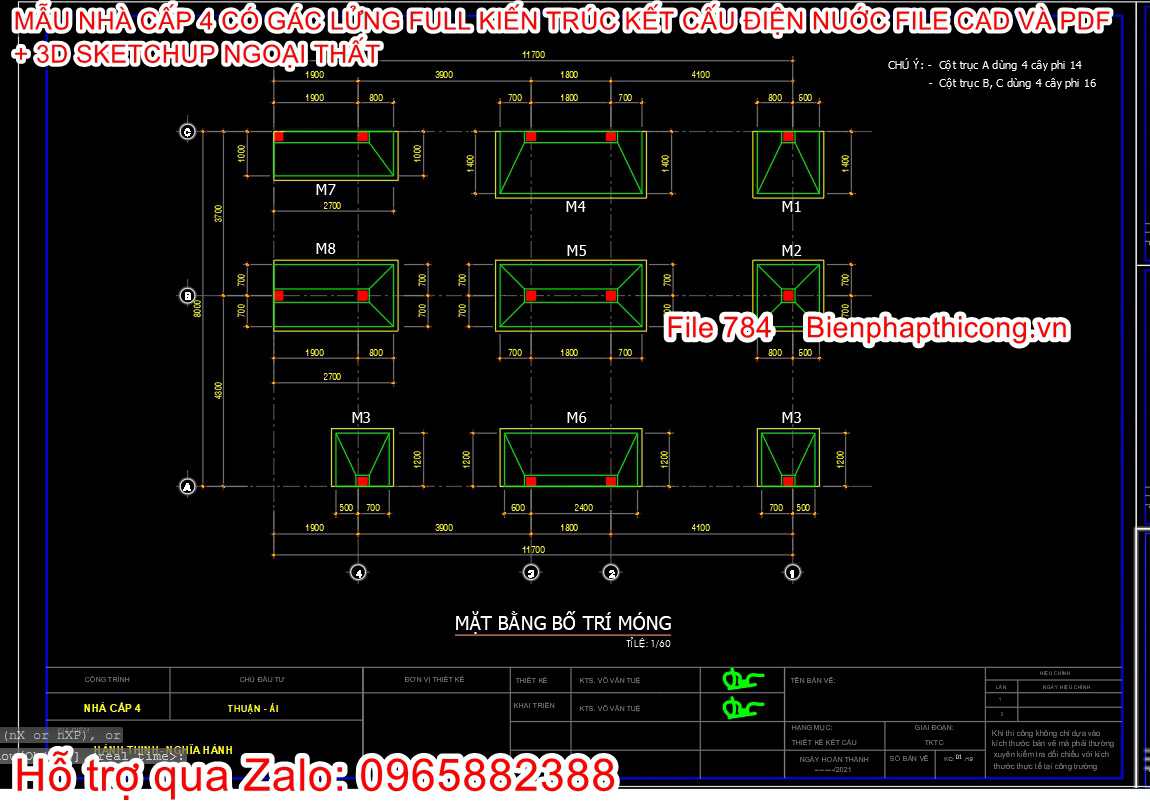 Bản vẽ mặt bằng móng nhà cấp 4 3 ngủ móng cốc.