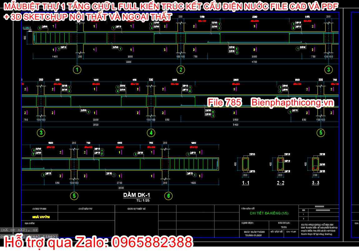 Bản vẽ thiết kế dầm sàn nhà 1 tầng 3 ngủ 14m x 20m.