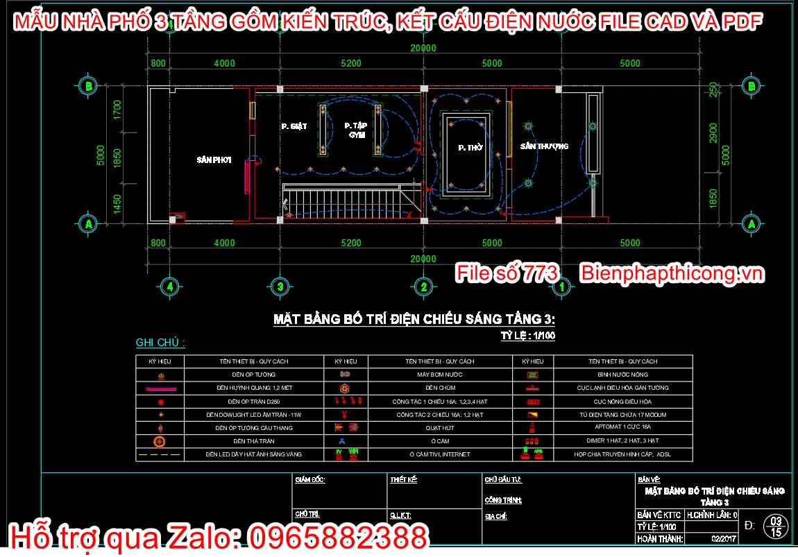 Mẫu bản vẽ điện nhà ống 3 tầng cad đẹp.