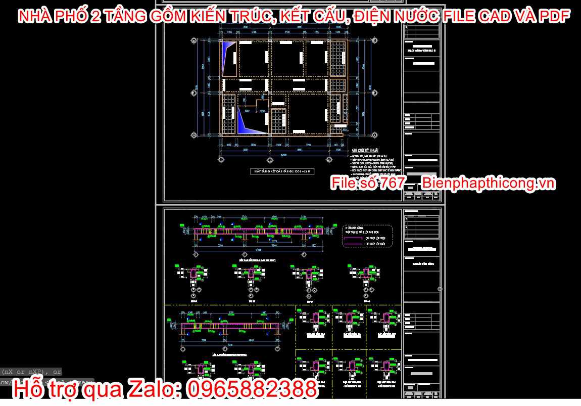 Bản vẽ cad kết cấu nhà phố 2 tầng cad đẹp.