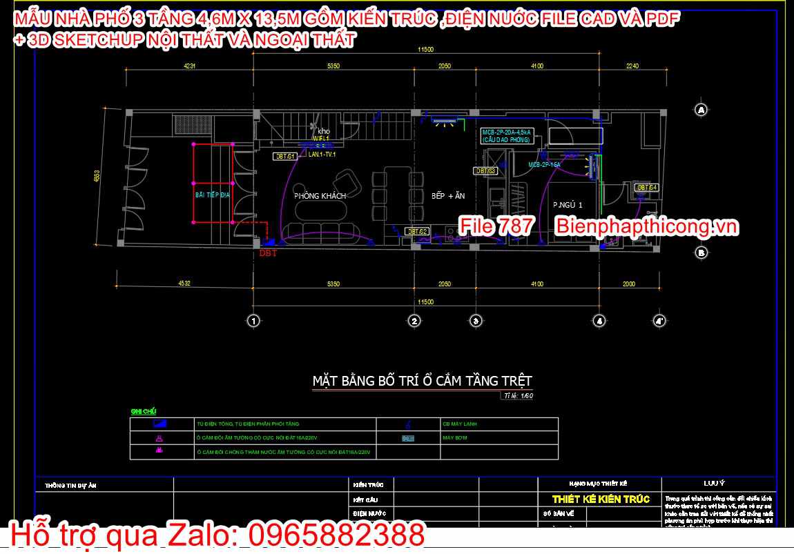 Bản vẽ điện nước nhà phố 3 tầng hiện đại 4,6m x 13,5m.