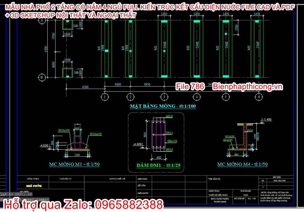 Bản vẽ kết cấu móng băng 1 phương cad nhà 2 tầng có hầm.