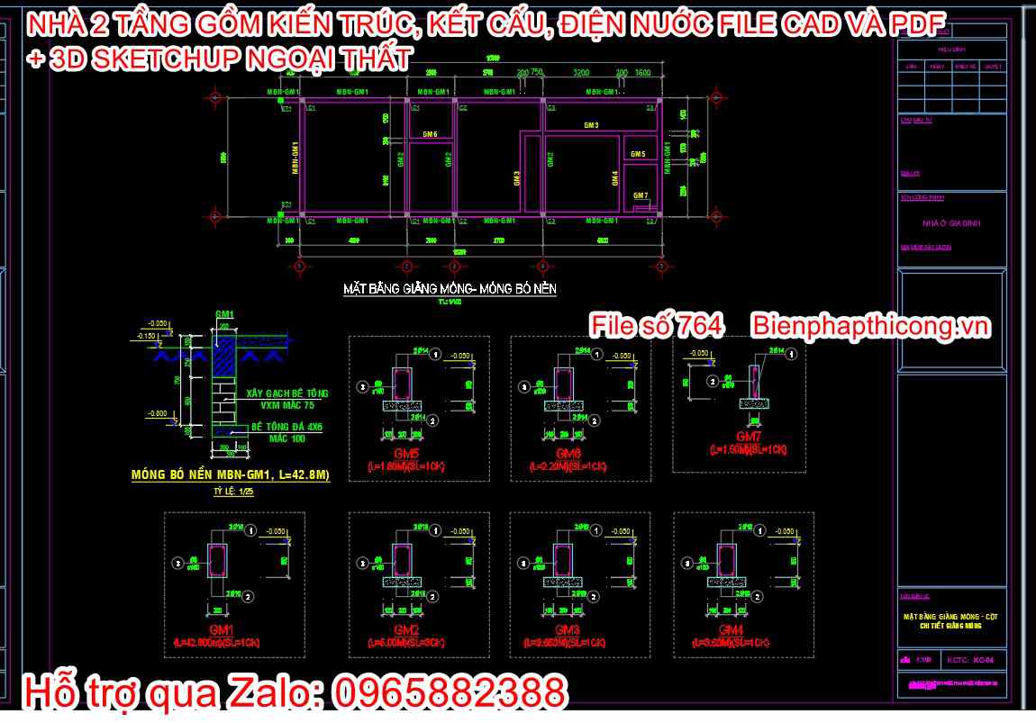 Bản vẽ kết cấu nhà phố 2 tầng 5m x 18m.