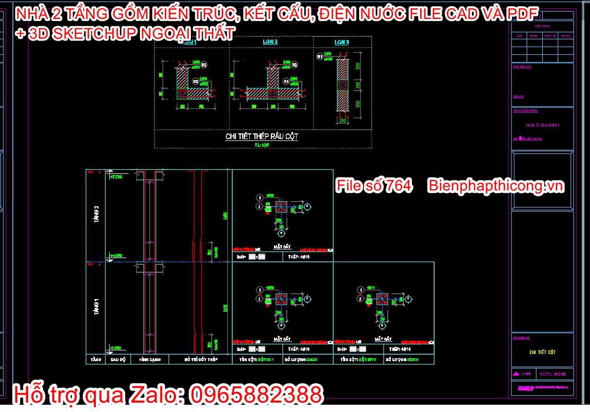 Bản vẽ chi tiết cột nhà 2 tầng đẹp.