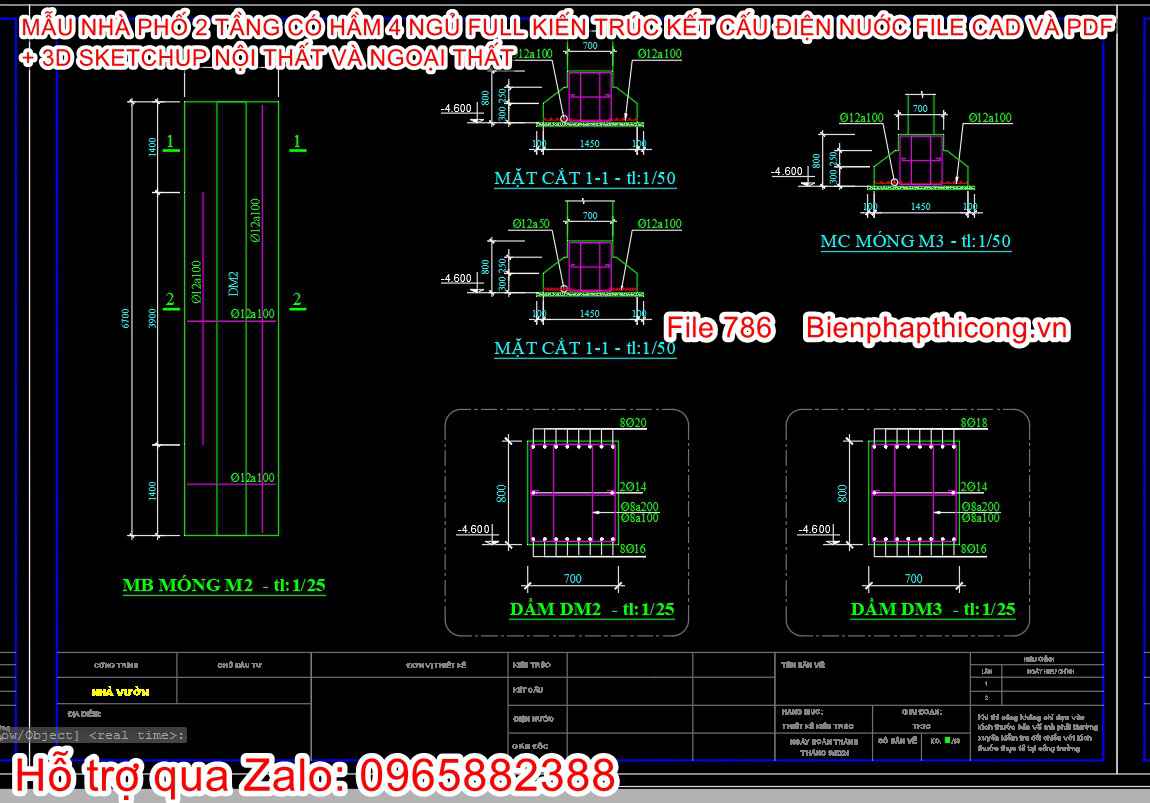 Bản vẽ chi tiết móng băng 1 phương nhà phố 2 tầng.