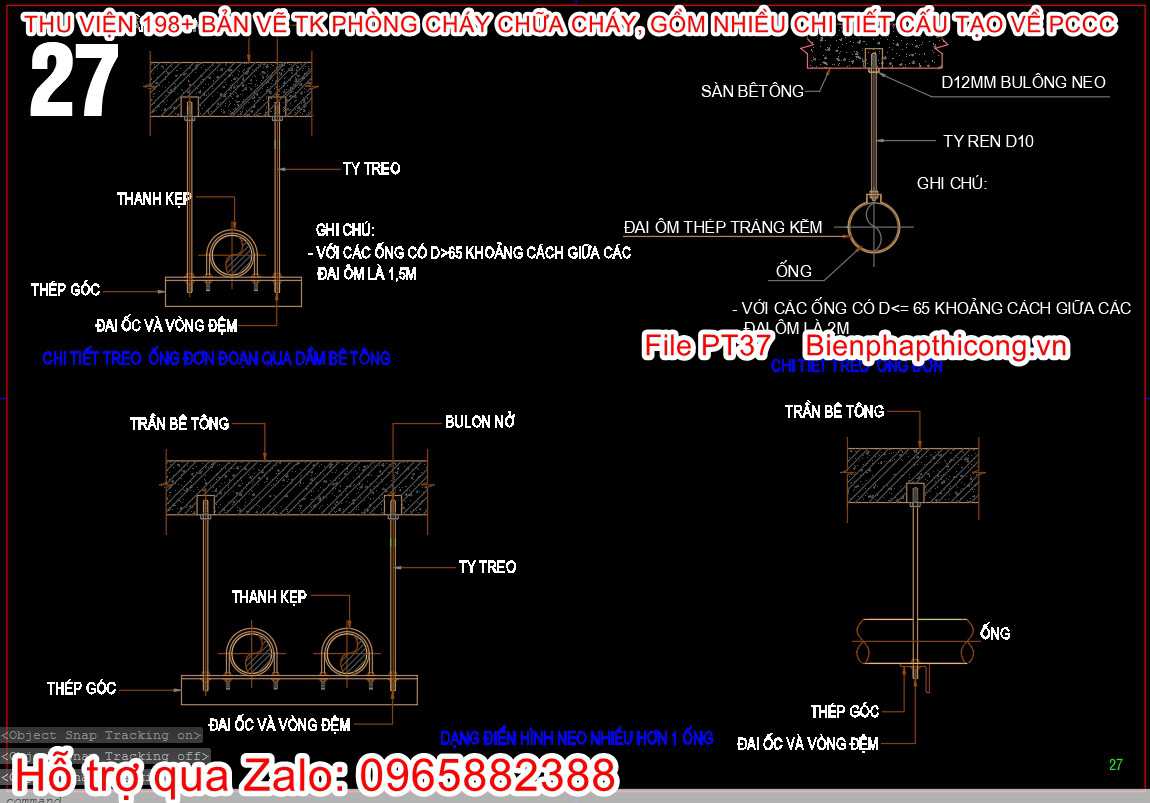Bản vẽ chi tiết treo ống đơn đoạn qua dầm bê tông.