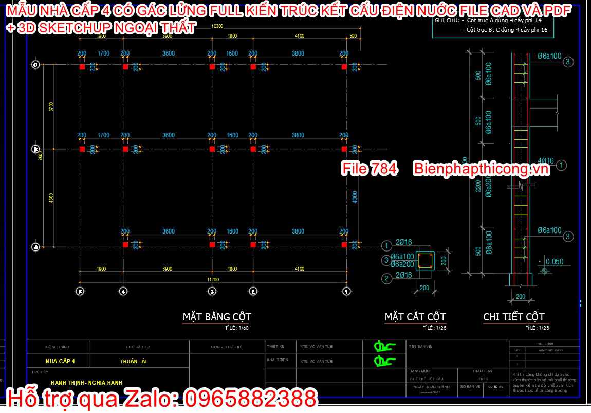 Bản vẽ thiết kế chi tiết cột nhà cấp 4 3 ngủ đẹp.