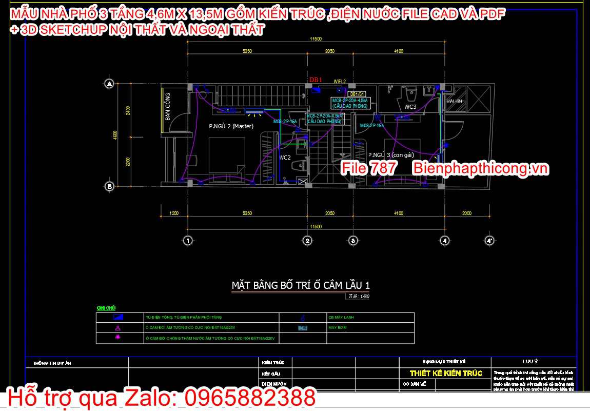 File điện nước nhà phố 3 tầng rộng 4,6m x 13,5m 4 ngủ.