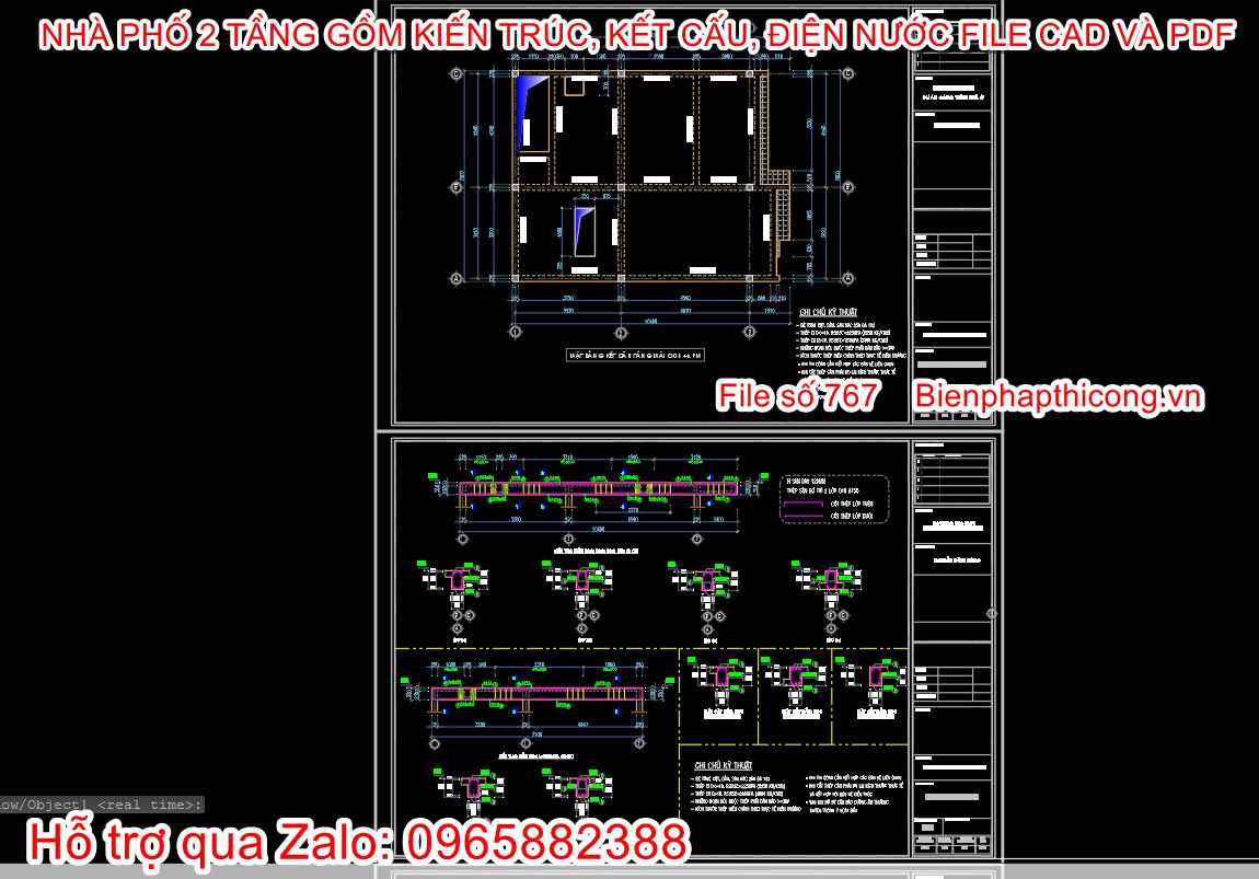 File dwg bản vẽ cad kết cấu nhà phố 2 tầng 8m x 9m.
