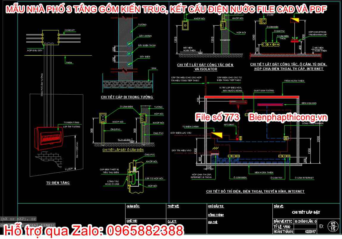File thiết kế điện nhà ống 3 tầng cad đẹp.