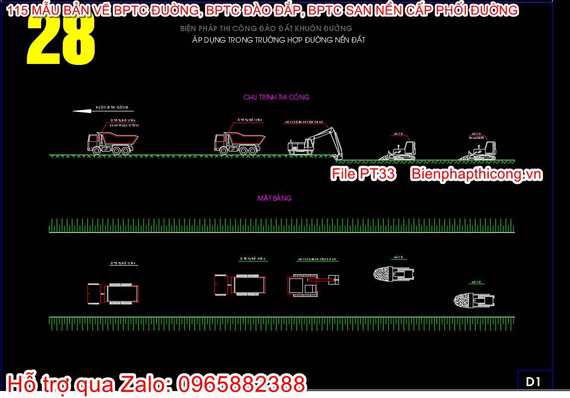 Bản vẽ biện pháp thi công đào đất khuôn đường cad.