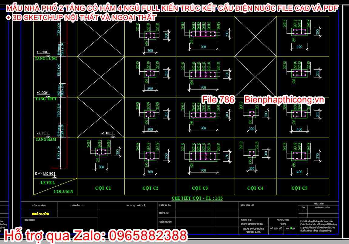 Bản vẽ chi tiết cột nhà phố 2 tầng có hầm 6,7m x 22,5m.