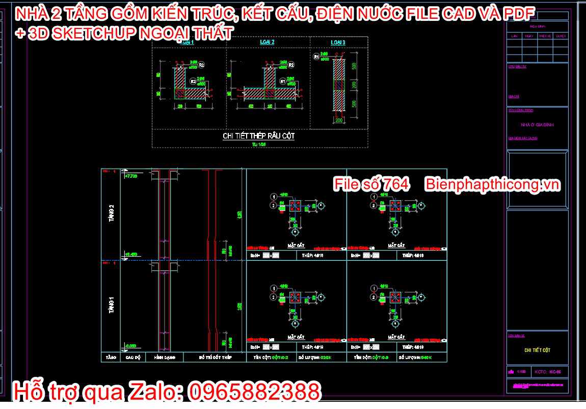 Bản vẽ kết cấu nhà ống 2 tầng đầy đủ pdf.