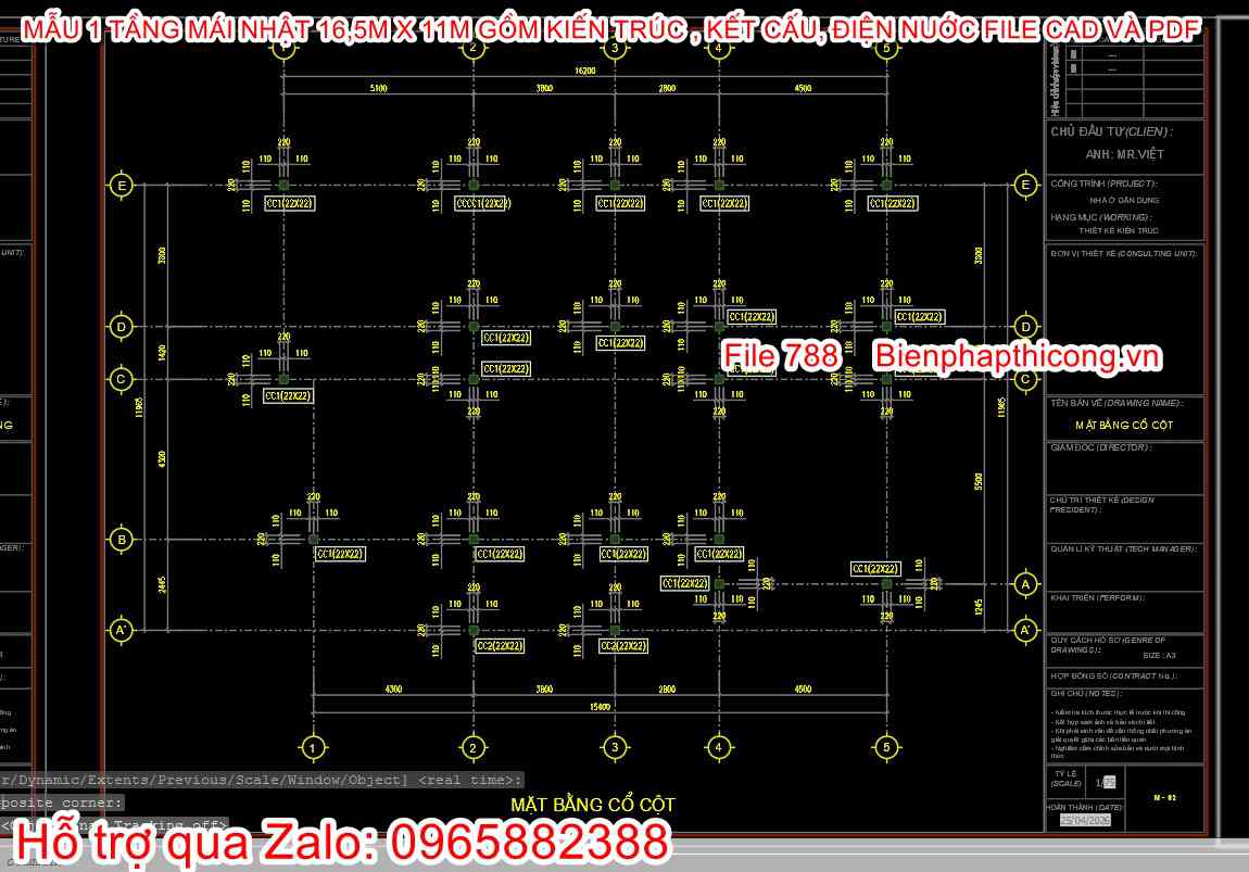 Mặt bằng cột biệt thự 1 tầng mái nhật đẹp.