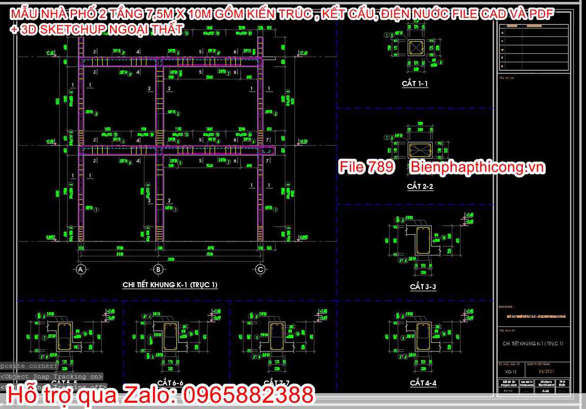 Tải bản vẽ cad nhà phố full kiến trúc kết cấu dầm sàn đẹp.