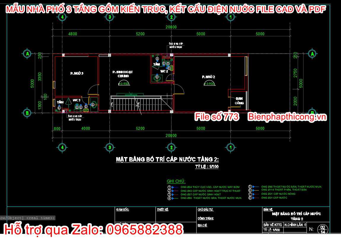 Bản vẽ cấp nước nhà phố 3 tầng cad đẹp.