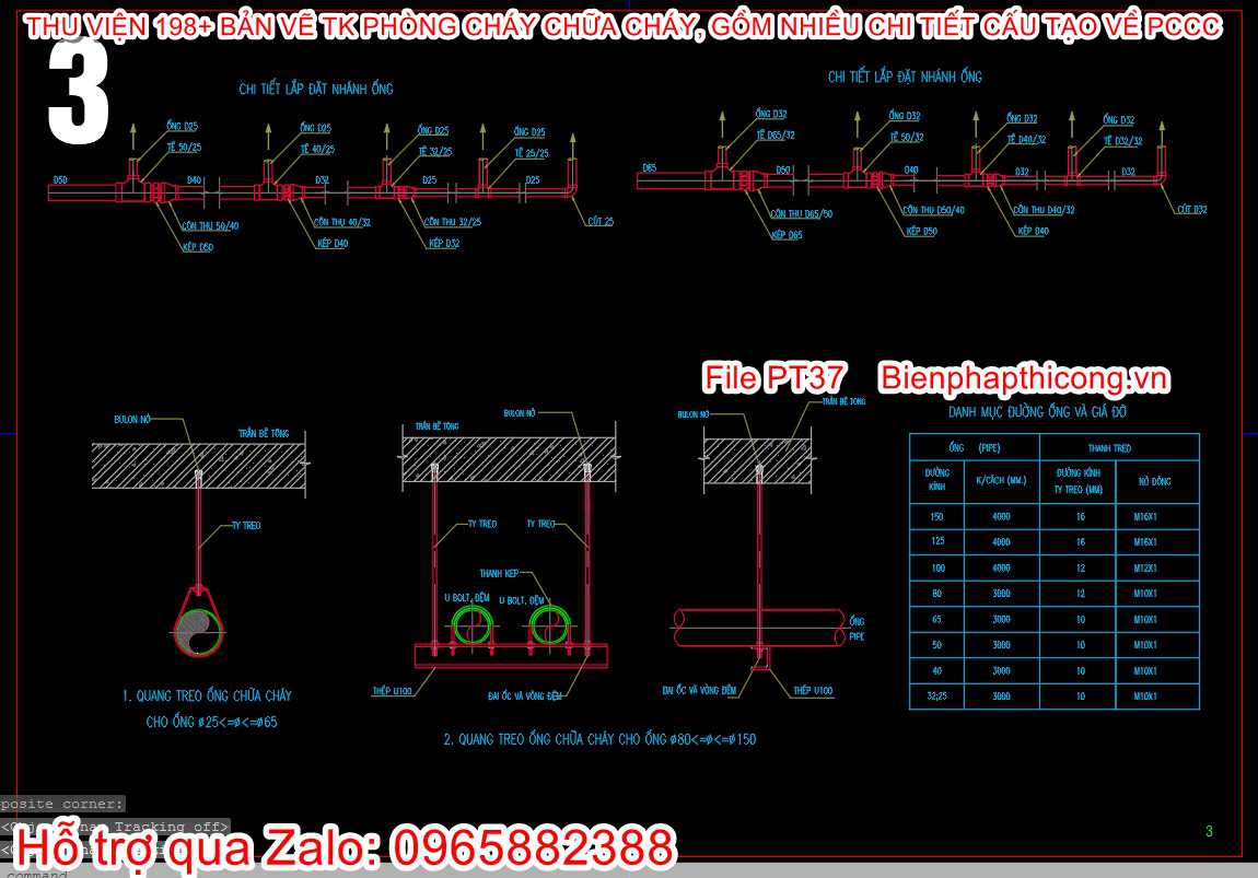 Bản vẽ chi tiết lắp đặt nhanh ống pccc, quang treo ống chữa cháy.