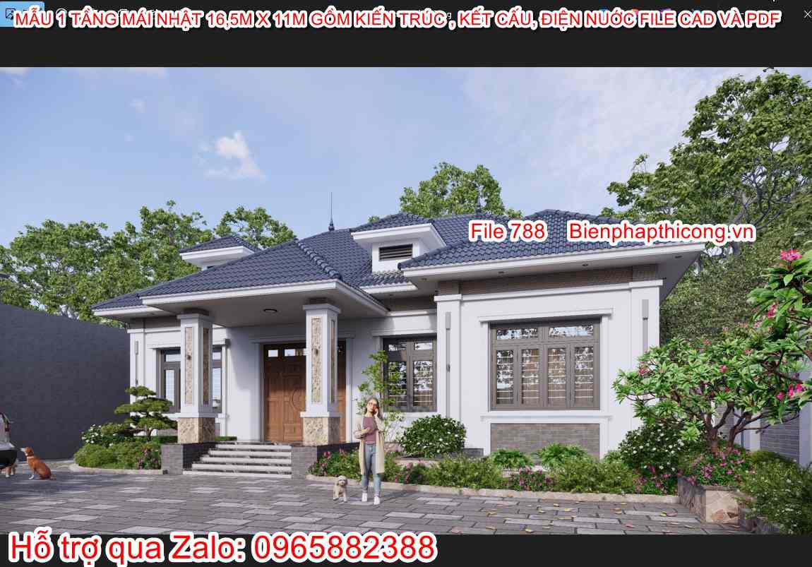 Hồ sơ bản vẽ nhà 1 tầng mái nhật 3 ngủ đẹp.